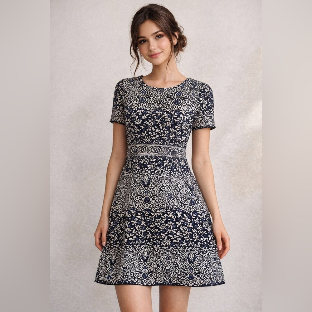 Navy Blue and Ivory Empire Waist Damask Pattern Dress With Pockets Size 8